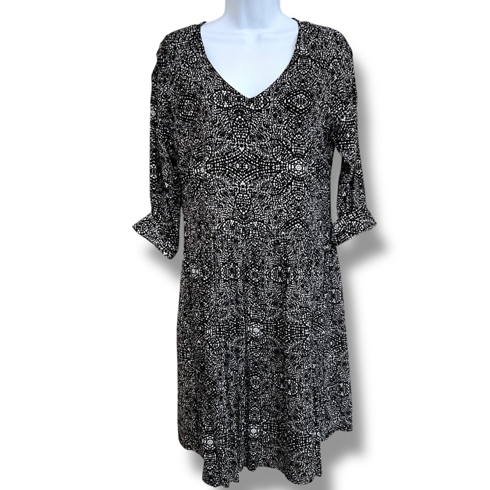 GARNET HILL Size 6 Black and White Print Long Sleeve Midi Dress Drop Waist